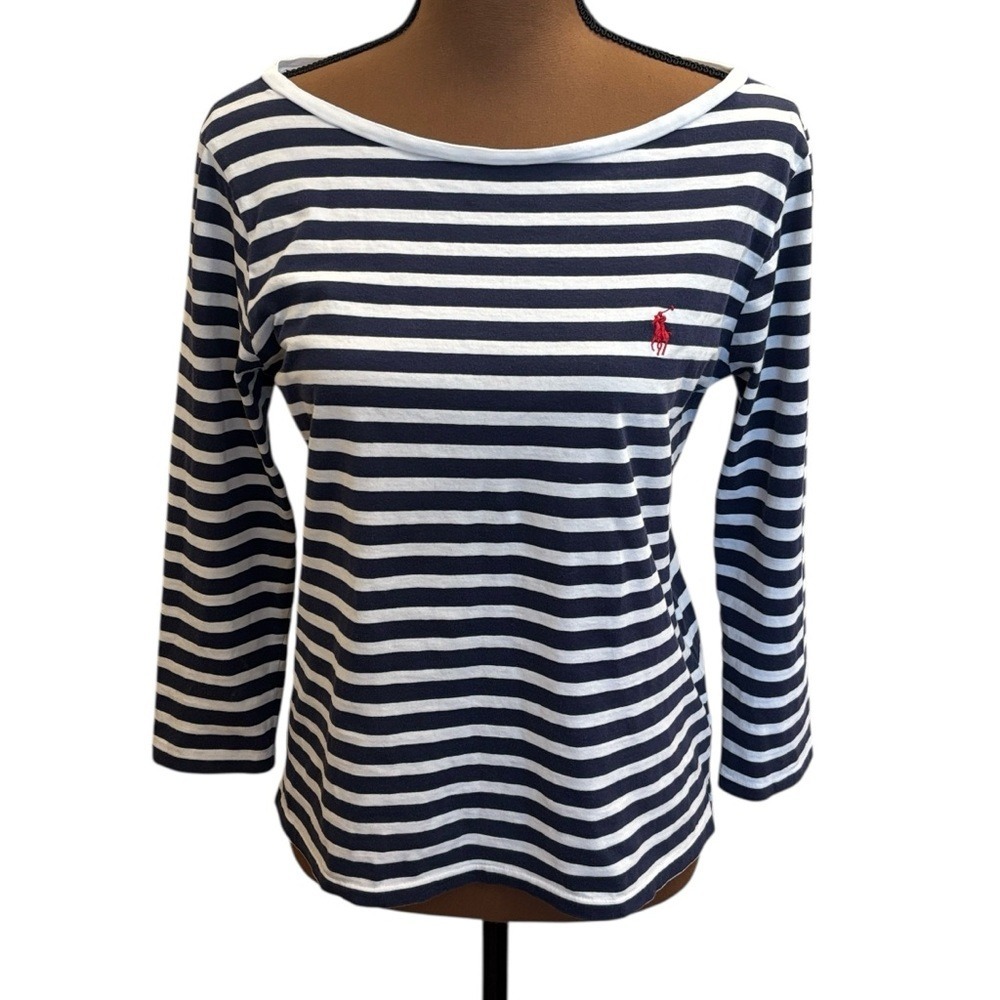 Polo Ralph Lauren Blue White Stripe Crop 3/4 Sleeve Pony Tee Shirt Size M